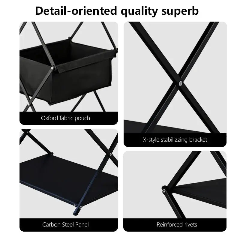 TARKA camping three-layer folding storage rack by Simples Market, black carbon steel frame with Oxford fabric pouch