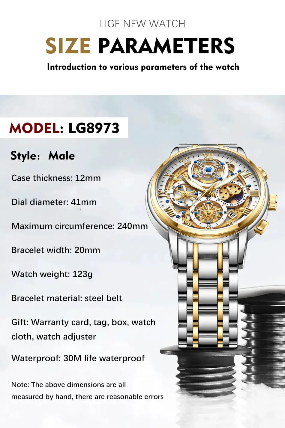 LIGE men's skeleton sports watch, two-tone gold and silver stainless steel bracelet, waterproof chronograph