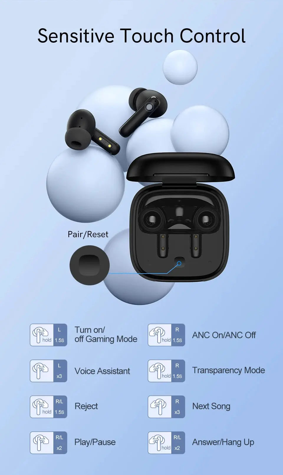 QCY T13 ANC wireless earbuds in black with charging case, two earbuds displayed.
