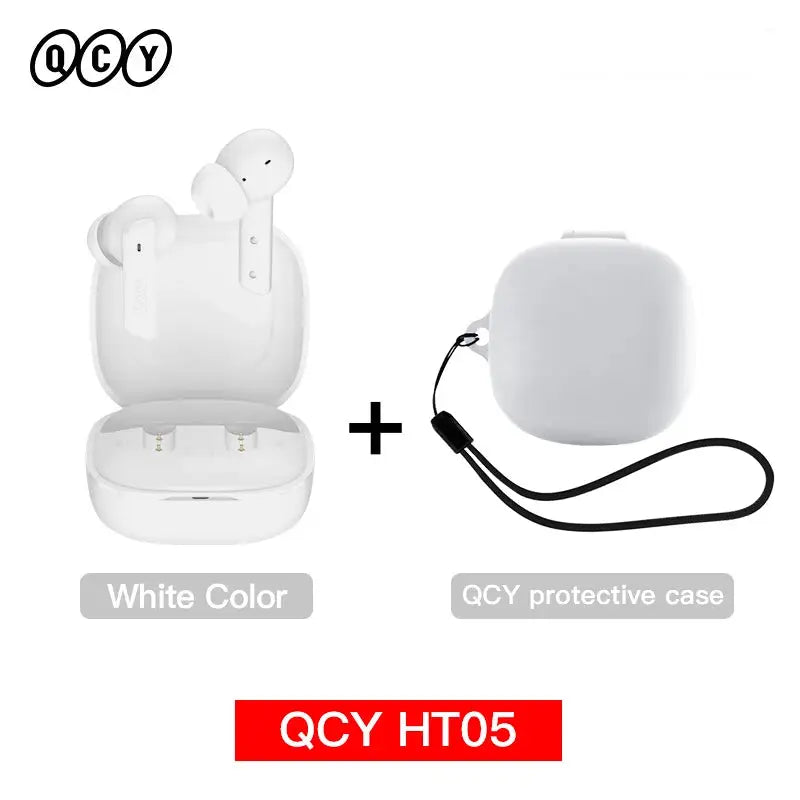 QCY HT05 ANC wireless earbuds in white with charging case and protective case