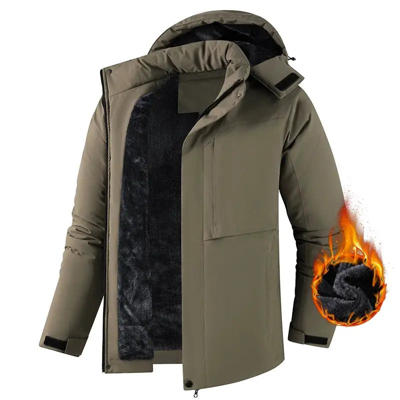 Men's winter parka jacket by Simples Market, olive green waterproof coat with fleece-lined hood.