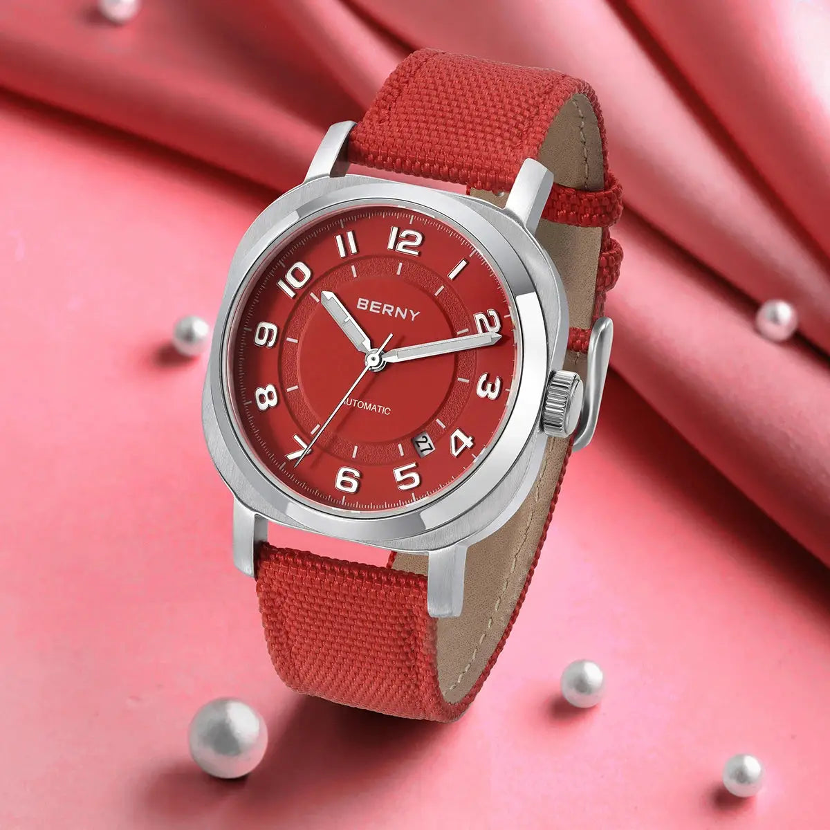 BERNY women's automatic watch with red dial, red fabric strap, silver case and date window