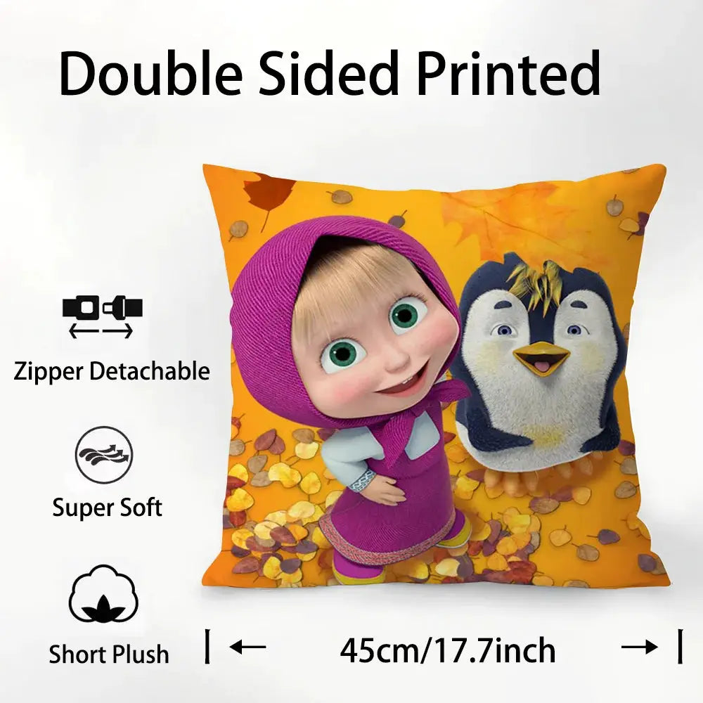 M-Masha And B-Bears pillow cover by Simples Market; double-sided printed plush fabric, 45cm, zipper detachable