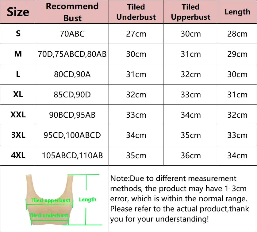 Simples Market beige wireless push-up sports bra, seamless double-layer plus-size; size chart shown.