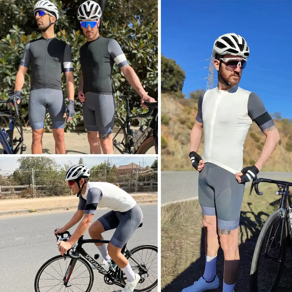 YKYWBIKE men's cycling bib shorts in grey with sponge padding; Simples Market brand, shown on a Specialized road bike.