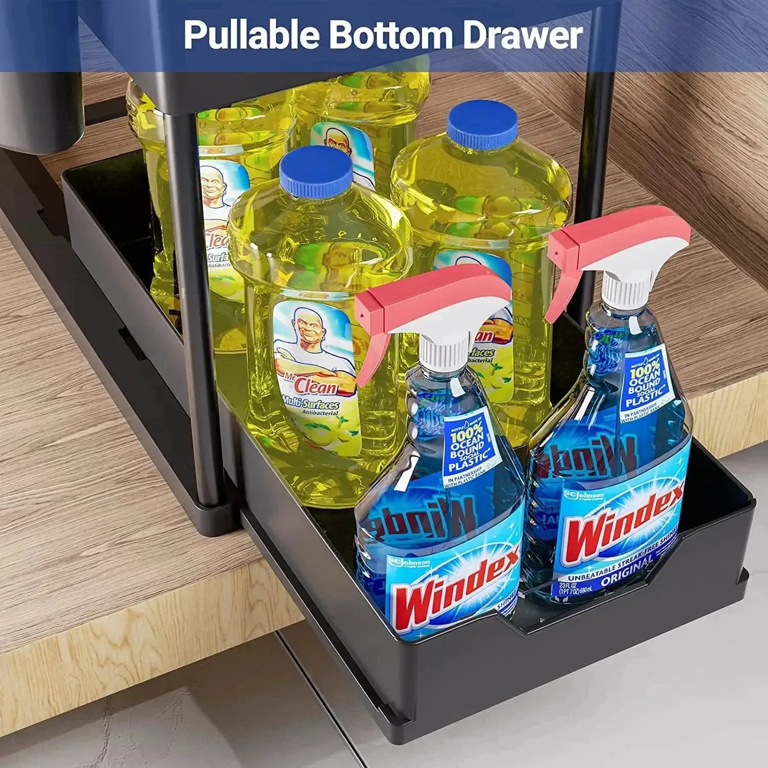 Multifunctional under-sink sliding storage rack by Simples Market with hooks; holds detergent bottles and spray cleaners.