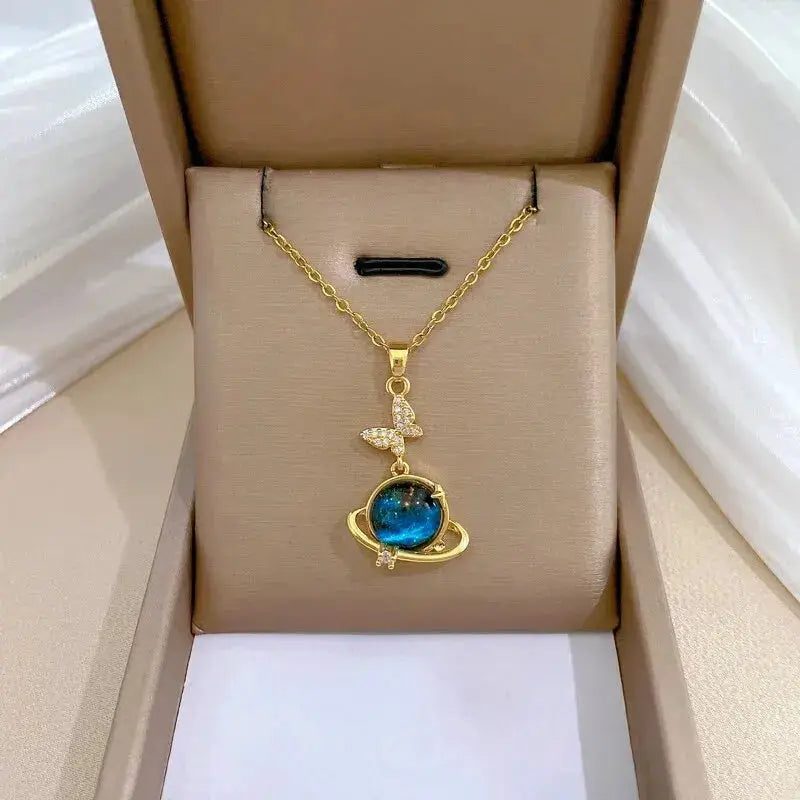 Light Luxury Titanium Steel Star Series Necklace For Women With Gold Planet Moon Astronaut Pendant Jewelry Gift