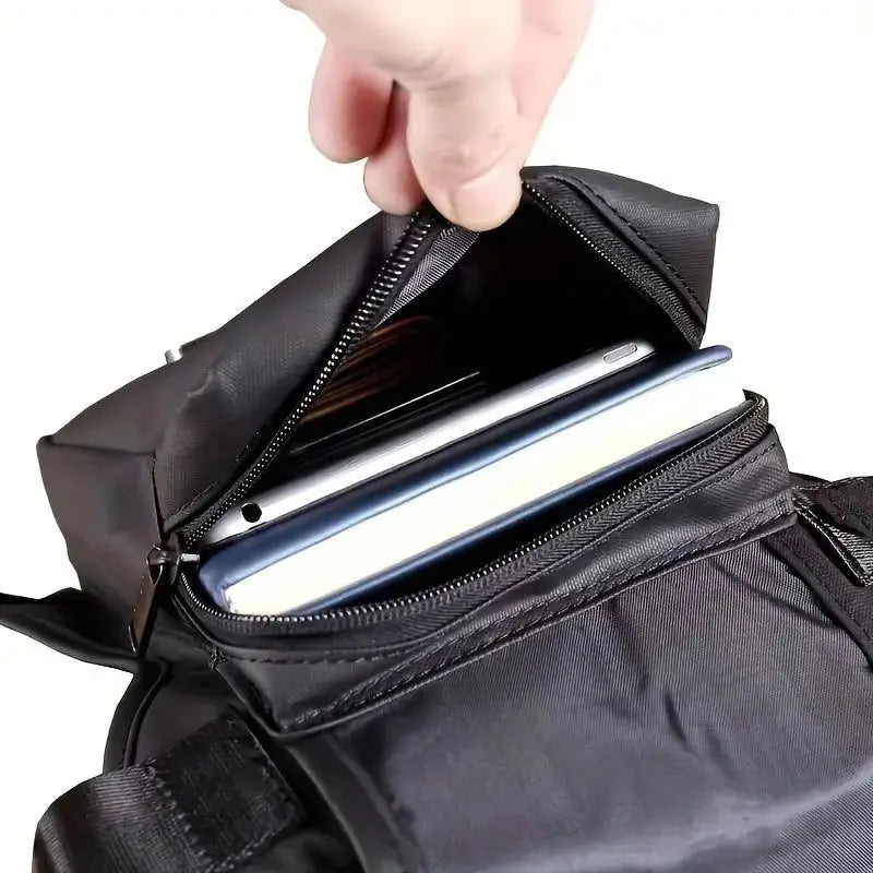 Leg bag by Simples Market, black nylon hip pouch with zip, holds phone and tablet for outdoor travel
