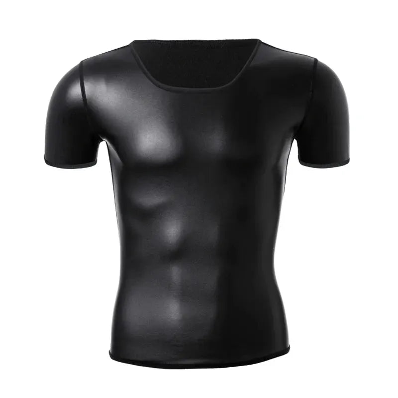 Men's black leather T-shirt with stand collar, short sleeves, slim fit