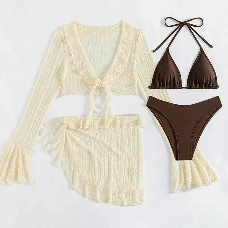 2026 Four Piece Women Swimsuit With Long Sleeve Cover Up Solid Bikini Set For Brazilian Beachwear Summer Parties