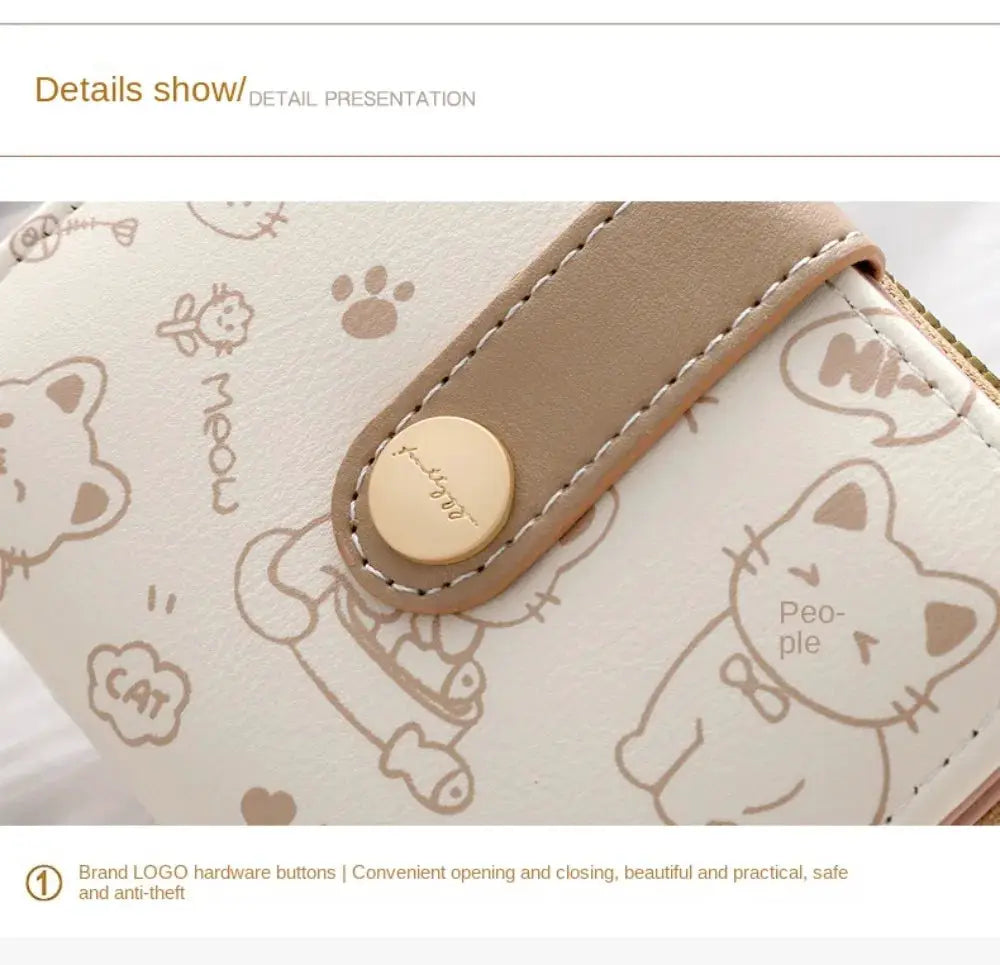 Cute cat coin purse wallet in cream PU leather with brown prints by Simples Market