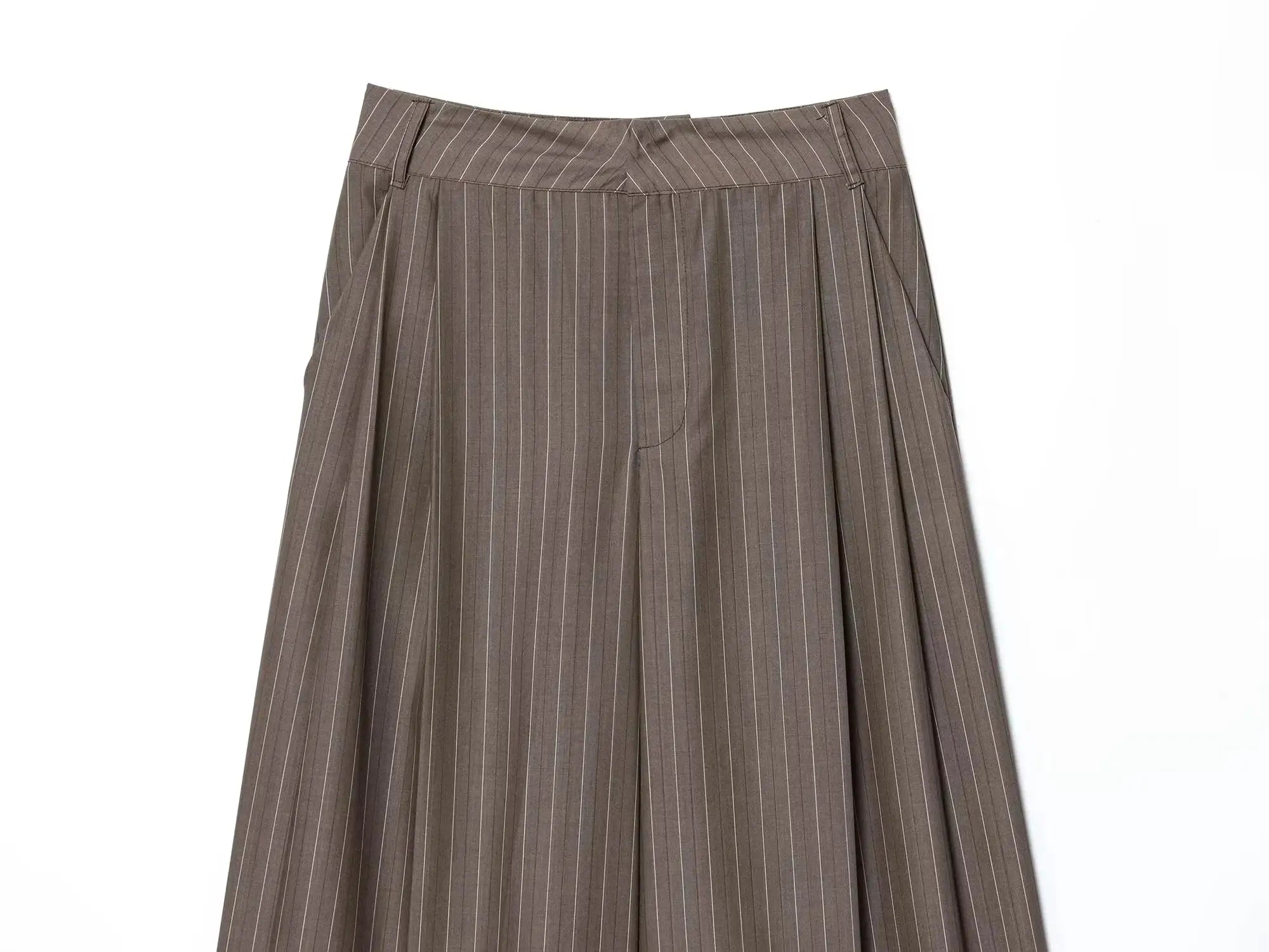 Wide-leg brown pinstripe office pants with belt loops and front pleats