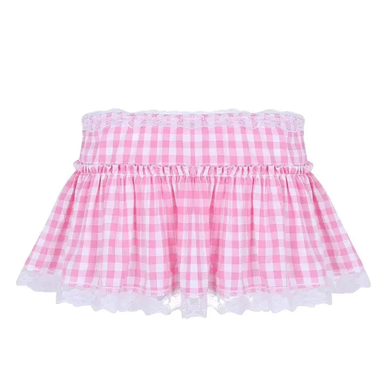 Women's pink gingham lace mini skirt with gathered waist and white lace trim