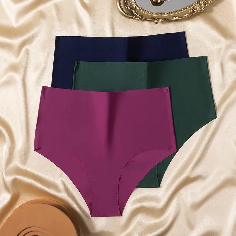 3-piece set of high-waist women's seamless panties in magenta, navy, and green; breathable, comfortable briefs