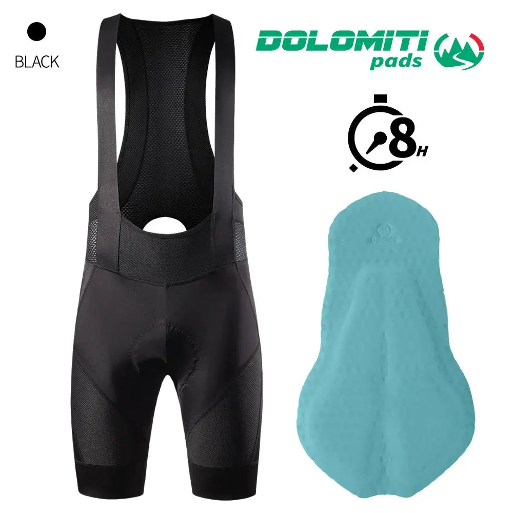 RION men's black cycling bib shorts with Dolomiti pads logo, mesh back, Elastic cushioning; turquoise pad included.
