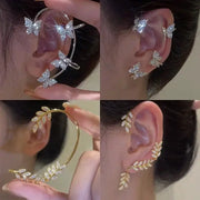 Silver-plated leaf butterfly clip earrings with zircon stones and ear cuffs by Simples Market