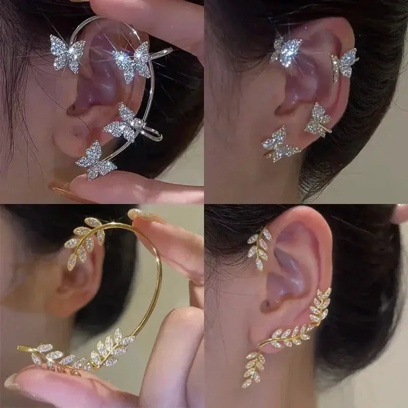 Silver-plated leaf butterfly clip earrings with zircon stones and ear cuffs by Simples Market