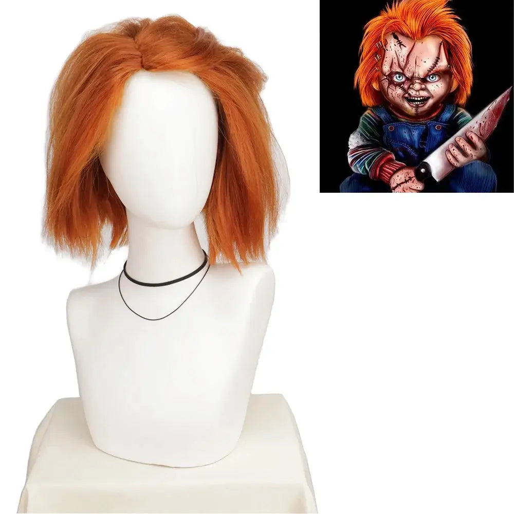 Seed of Chucky orange short cosplay wig on mannequin head; heat-resistant Bride of Chucky style.