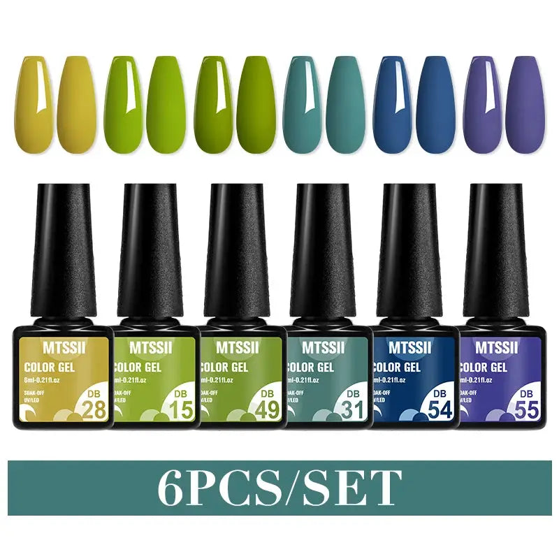 Gel nail polish set by Simples Market, 6 color bottles with yellow to purple shades and swatches