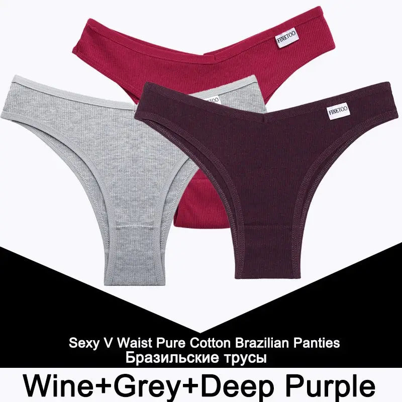 3-pack cotton thong panties by FINETOO in wine, grey, and deep purple.
