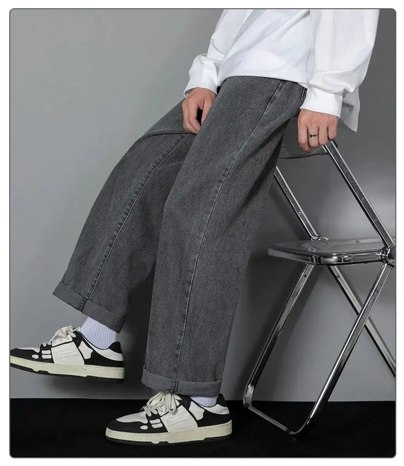 Simples Market men's casual wide-leg denim jeans, grey solid color with cuffed hems.
