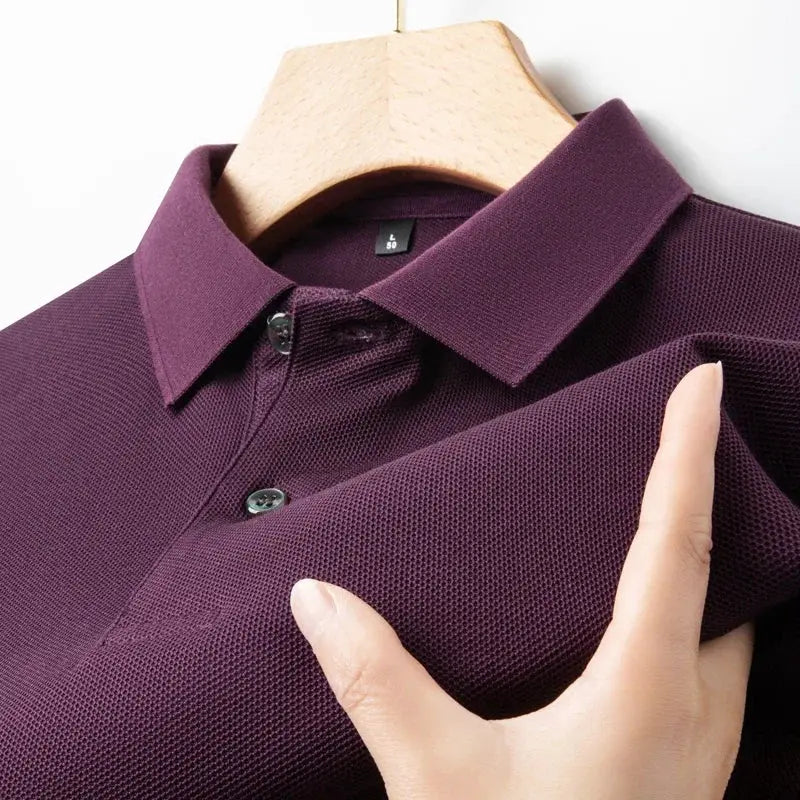 Men's burgundy 100% cotton polo shirt on hanger with textured knit fabric