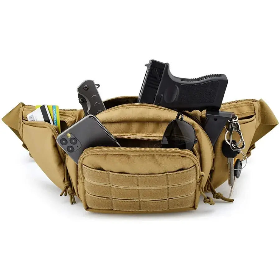 Tan tactical waist pack with MOLLE webbing and multiple pockets; holds phone, sunglasses, cards, and keys.