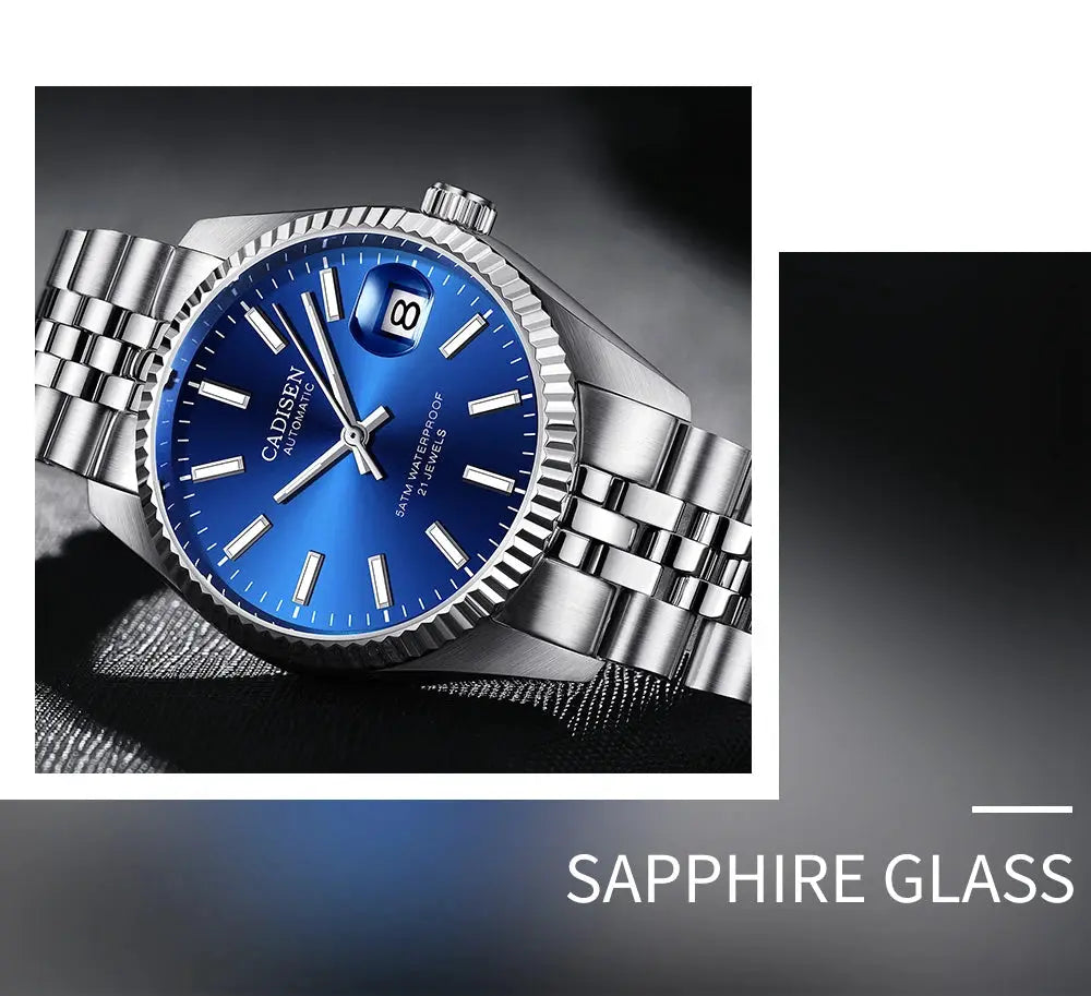 CADISEN men's automatic stainless steel watch with blue dial and sapphire glass