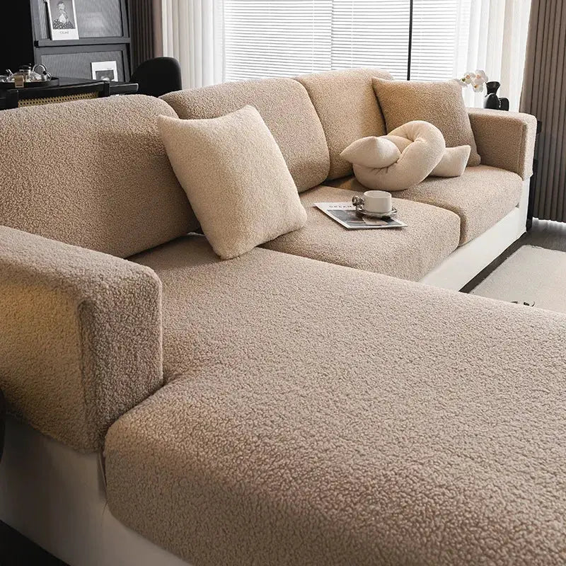 Simples Market 2026 Premium Winter Teddy Fleece sectional sofa cover, beige plush fabric, non-slip elastic