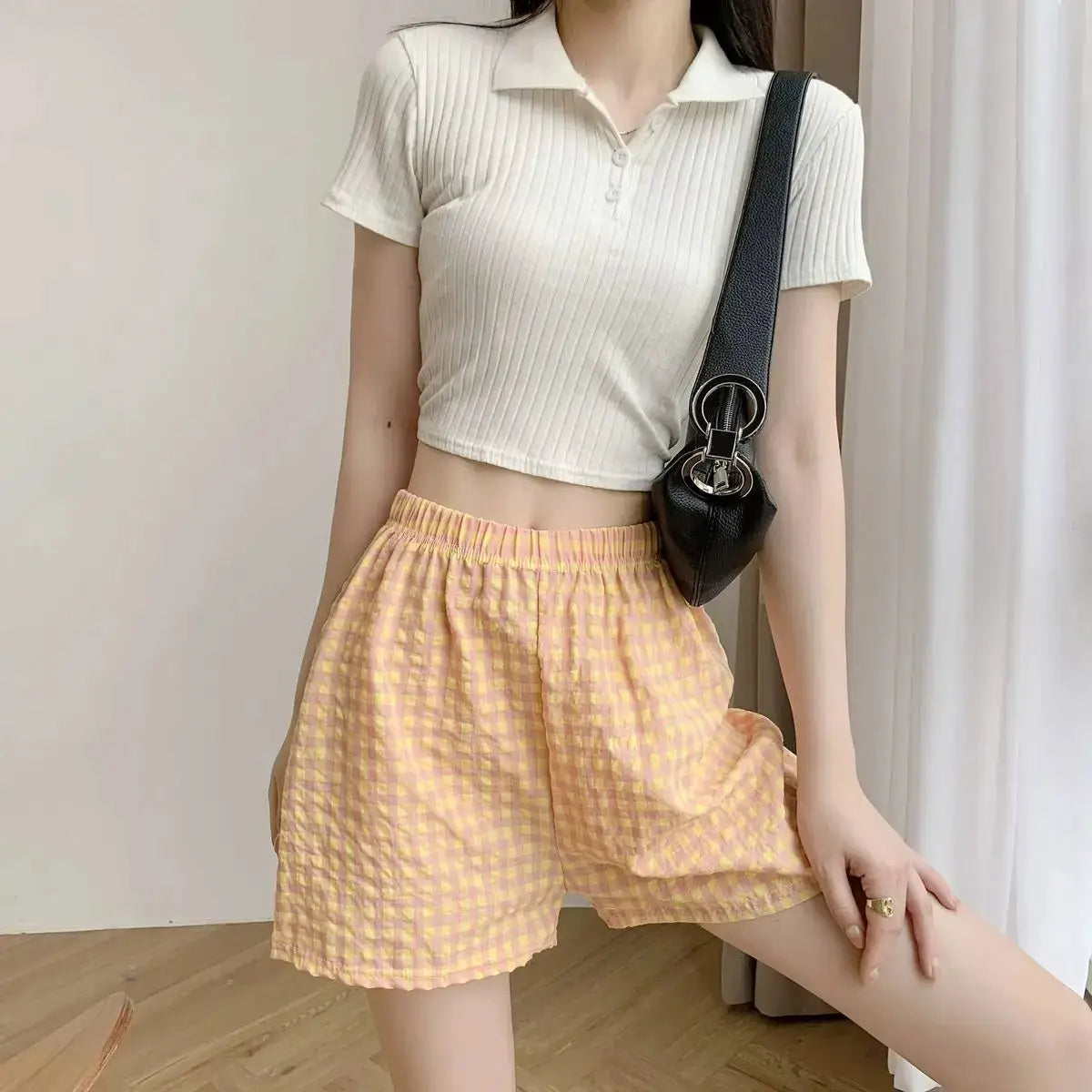 Summer Home Shorts, women's high-waisted peach-yellow plaid casual pajama shorts