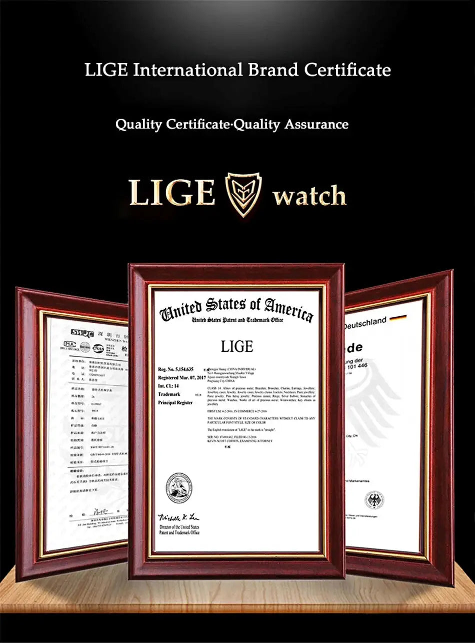 LIGE watch branding certificates in three red-brown wooden frames on a wooden display