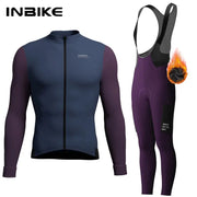 INBIKE two-piece men's winter cycling set: blue long-sleeve zip jersey with pockets and purple bib tights