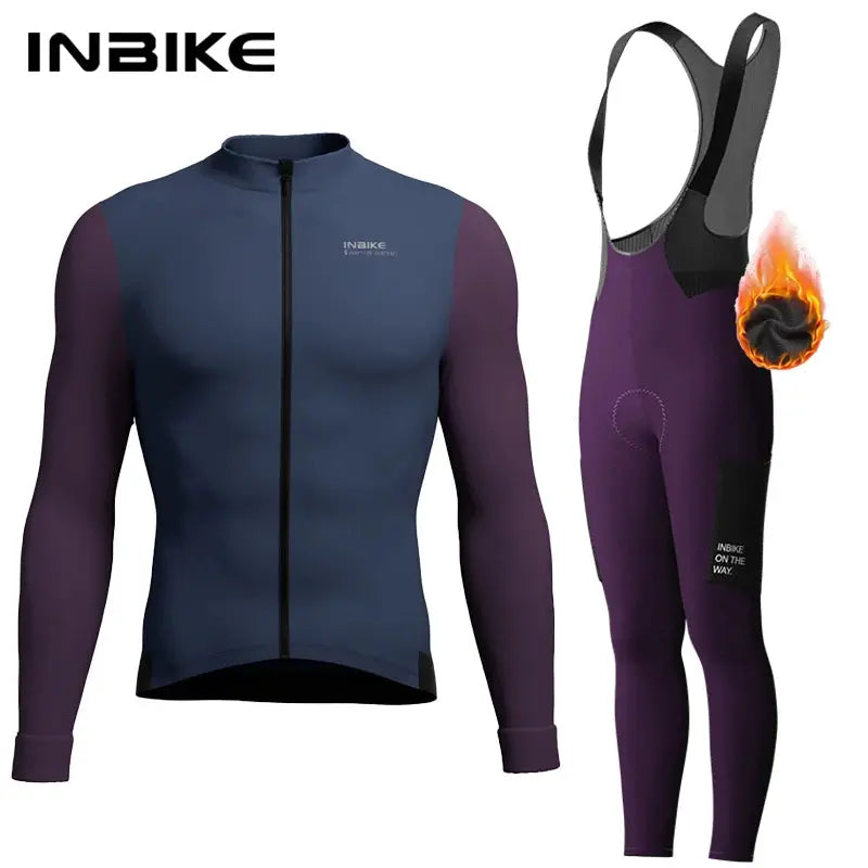 INBIKE two-piece men's winter cycling set: blue long-sleeve zip jersey with pockets and purple bib tights