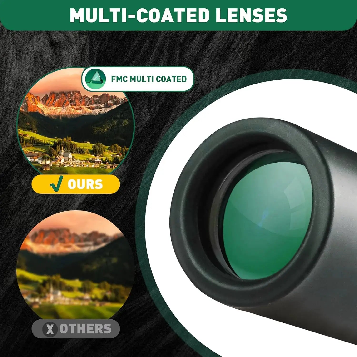 Monocular telescope by Simples Market with black body and green-tinted, FMC multi-coated lens