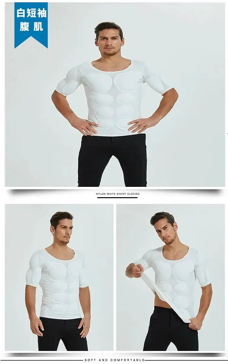 Men's white short-sleeve body shaper undershirt with fake muscle padding and ABS chest design