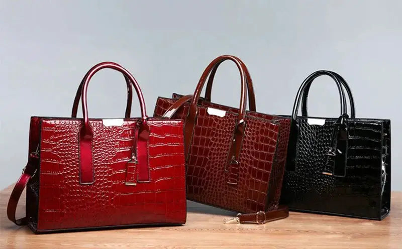 Luxury crocodile-pattern handbags; three PU leather top-handle totes in red, brown, and black by Simples Market
