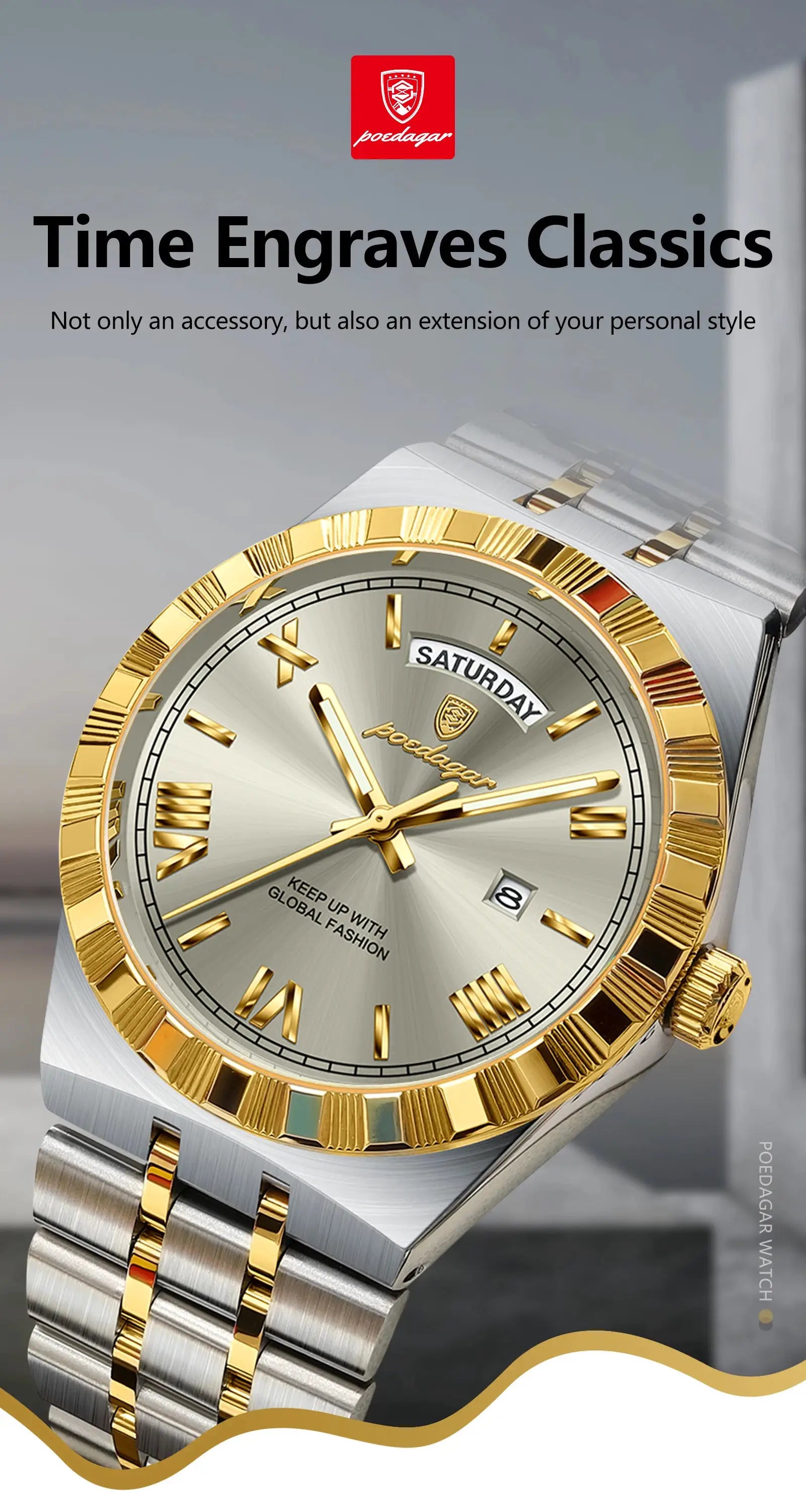 POEDAGAR two-tone stainless steel men's wristwatch with gold bezel, silver dial, day/date window