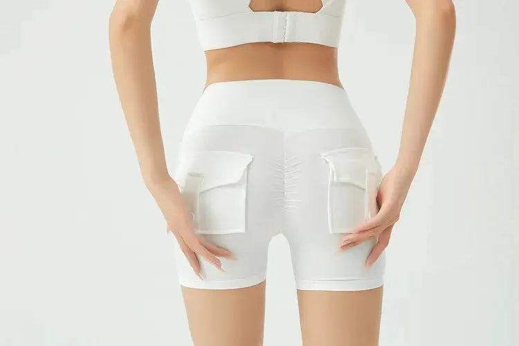Peach Butt Fitness Shorts by Simples Market white cargo-pocket yoga shorts, back view