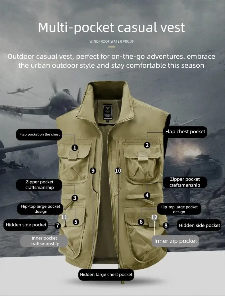 Multi-pocket vest for men, tan outdoor Simples Market with vertical collar