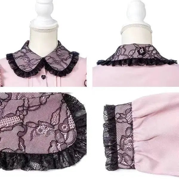 Simples Market pink Gothic Lolita skirt with black lace trim and ruffled hem, A-line