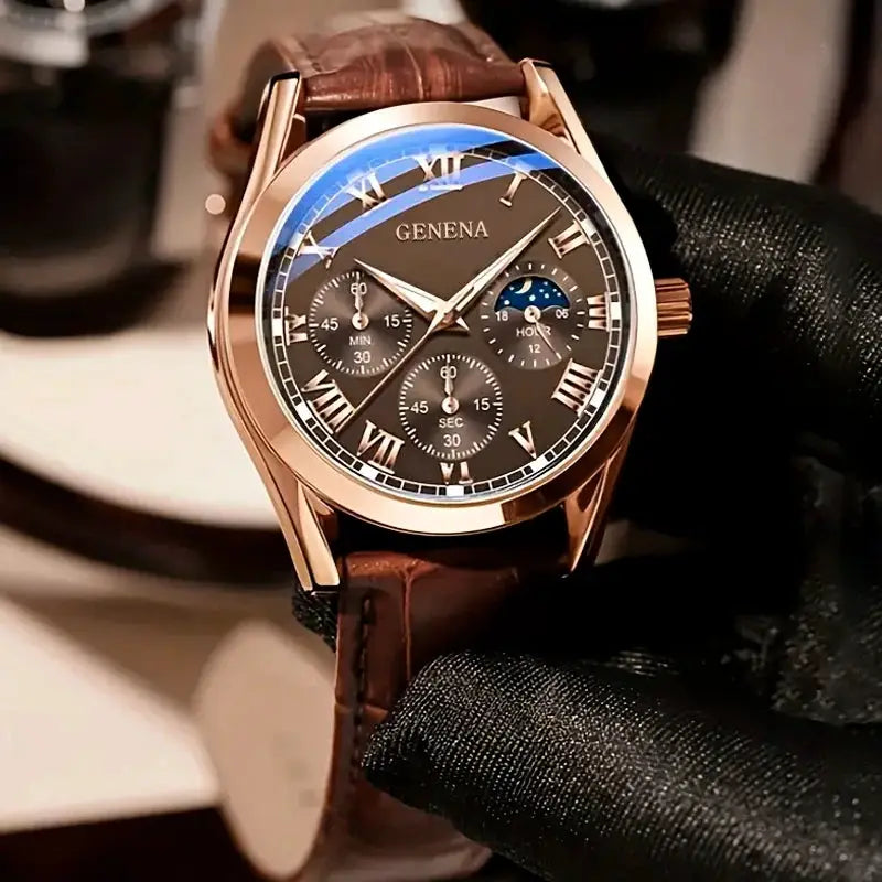 Men's Business And Casual Quartz Watch With Leather Band Roman Numeral Dial Durable Alloy Case