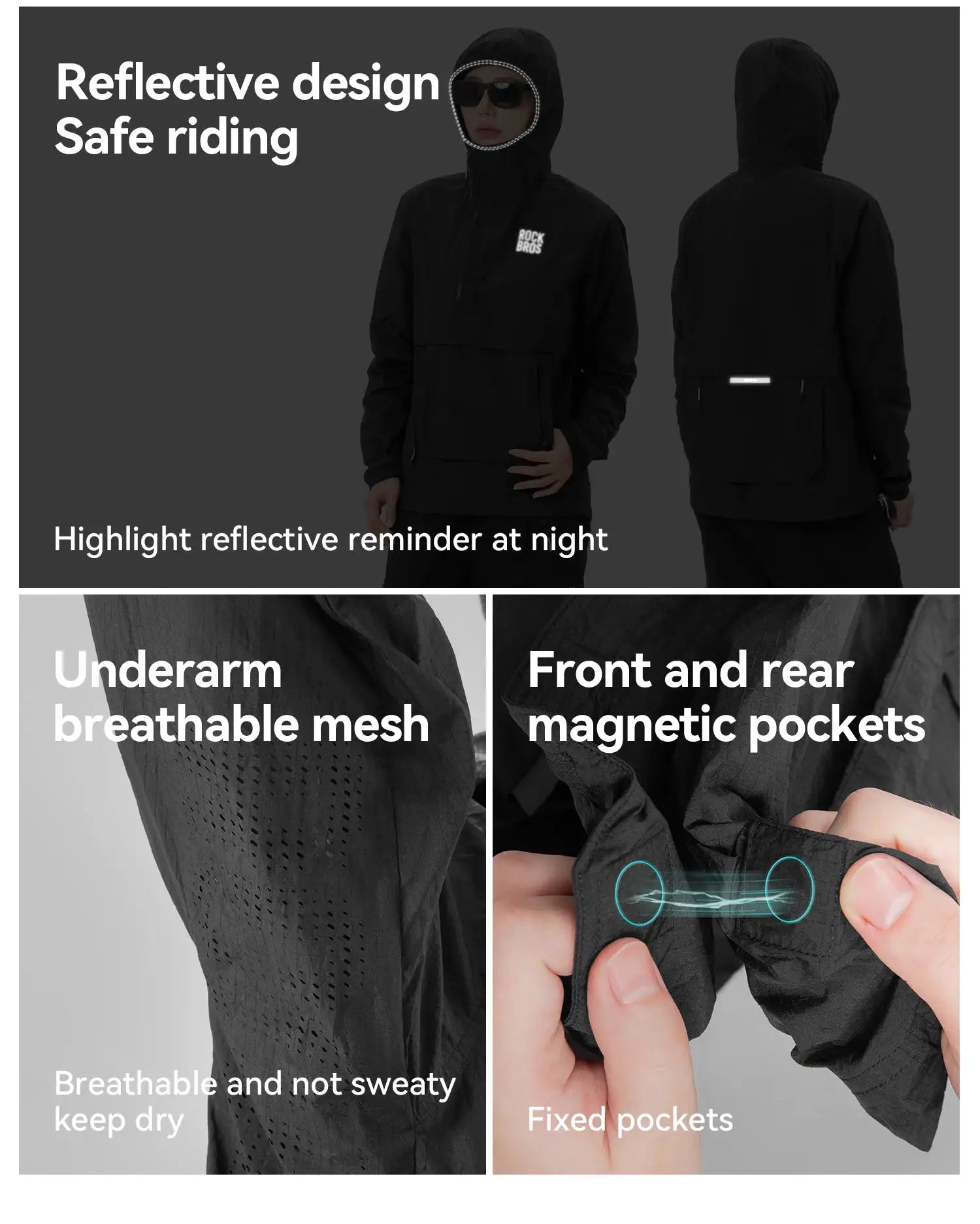 ROCKBROS cycling waterproof black jacket with reflective accents, hooded windbreaker with front pockets