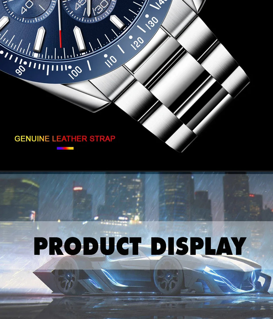 Men's stainless steel watch with blue dial and metal bracelet