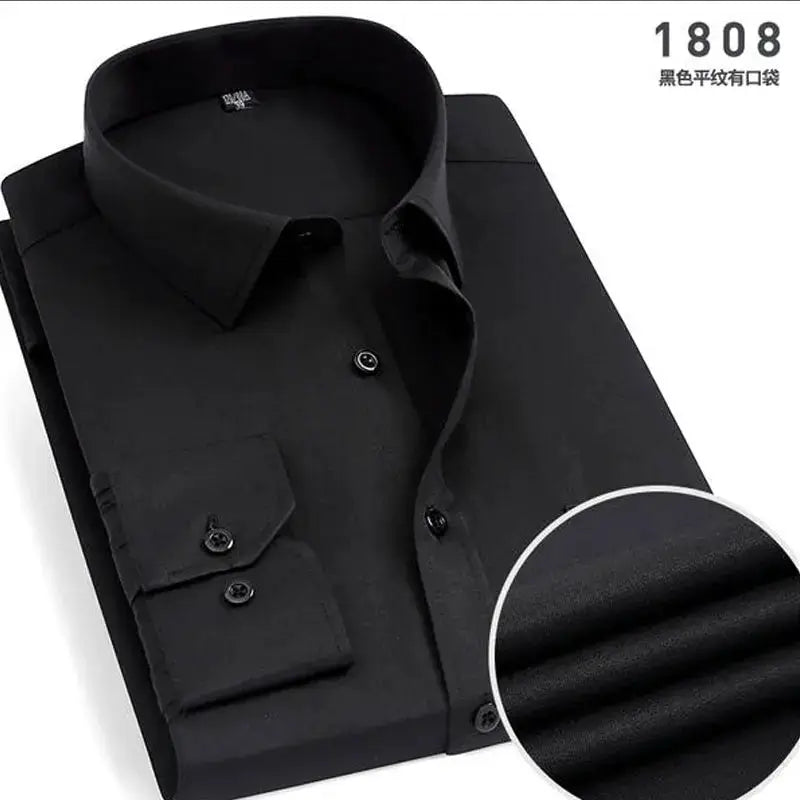Men's black long-sleeve dress shirt, solid color, button-down with cuffed sleeves, soft fabric