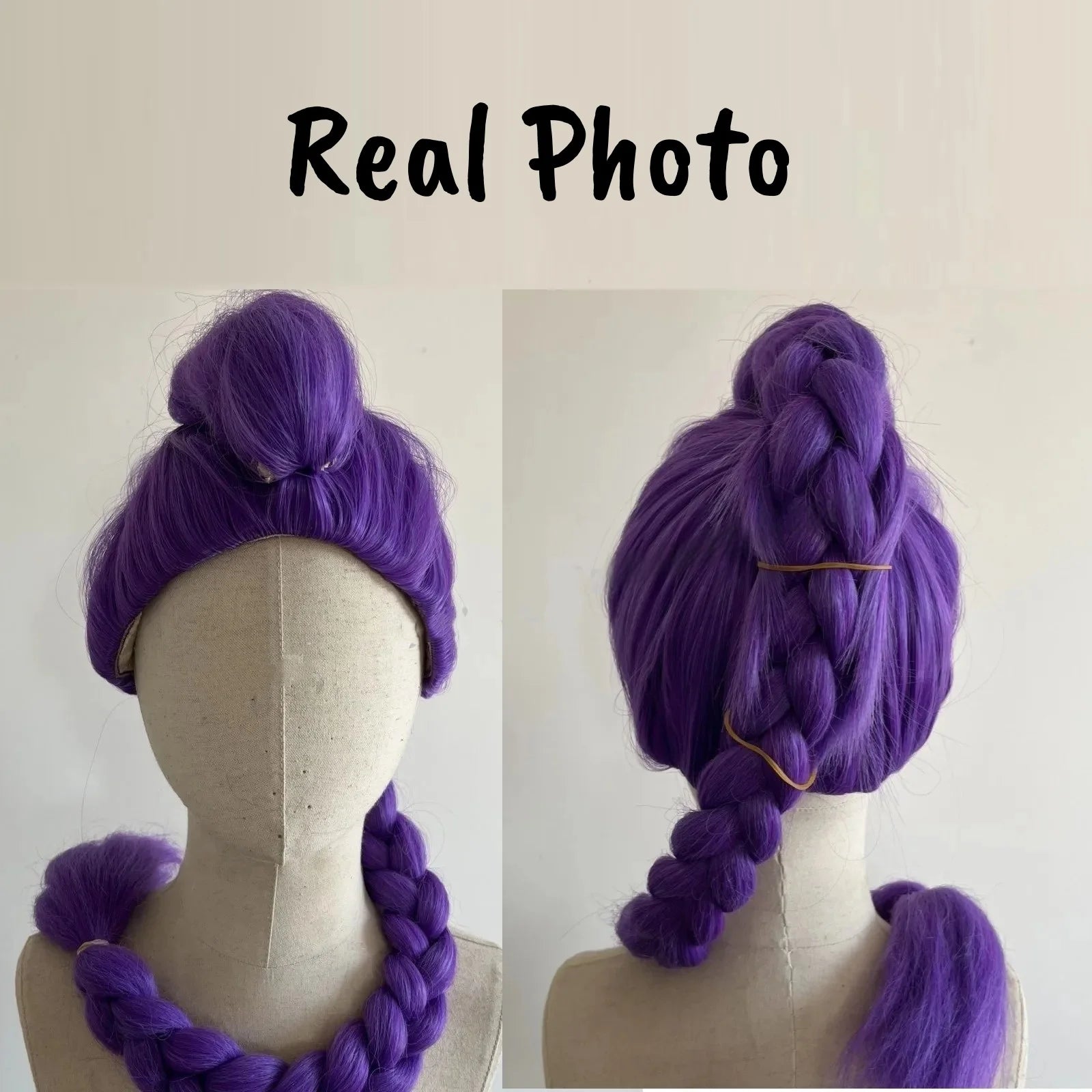 Purple KPOP cosplay wig on mannequin with two braided pigtails; heat-resistant synthetic hair