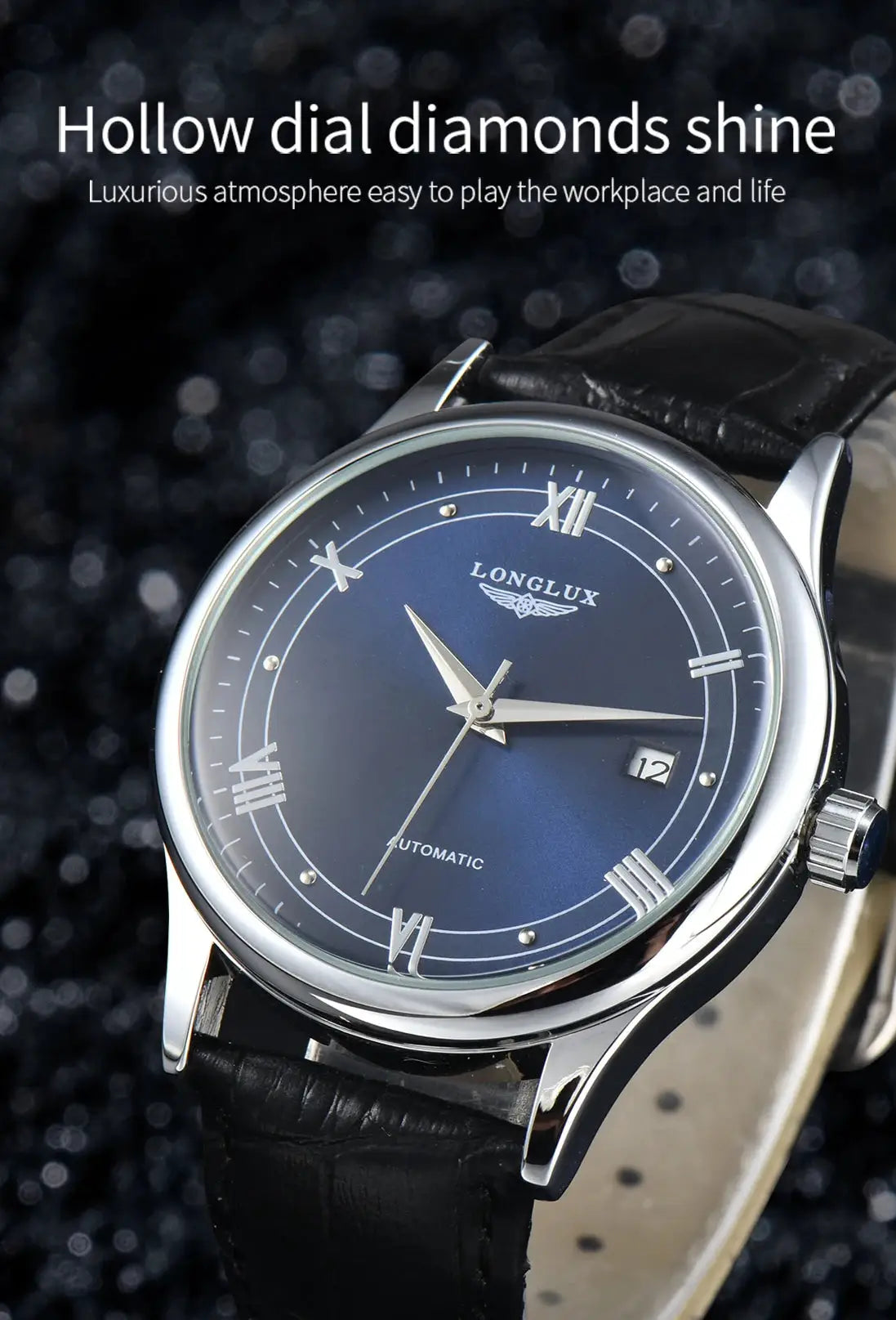 LONGLUX automatic men's wristwatch with blue dial, silver case and black leather strap, date window