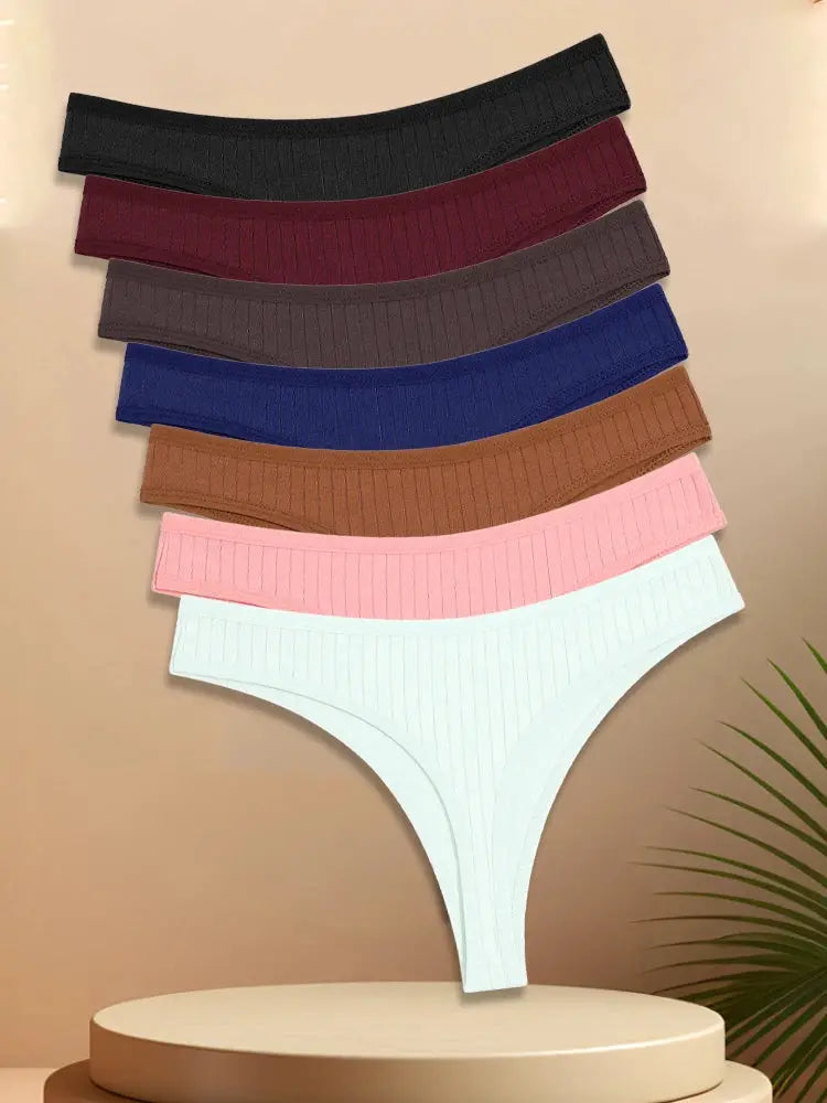 7-pack women's cotton striped thong underwear, low-waist G-string, breathable T-back in assorted colors