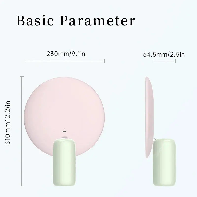 DOCO LAB LED makeup mirror; round pink mirror on mint-green stand for tabletop use, front and side views shown.