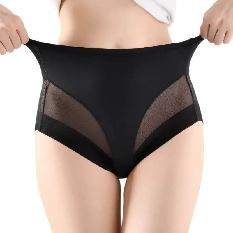 Mid-rise mesh panel shaping briefs for women; tummy control, butt lift, black, 2-piece set