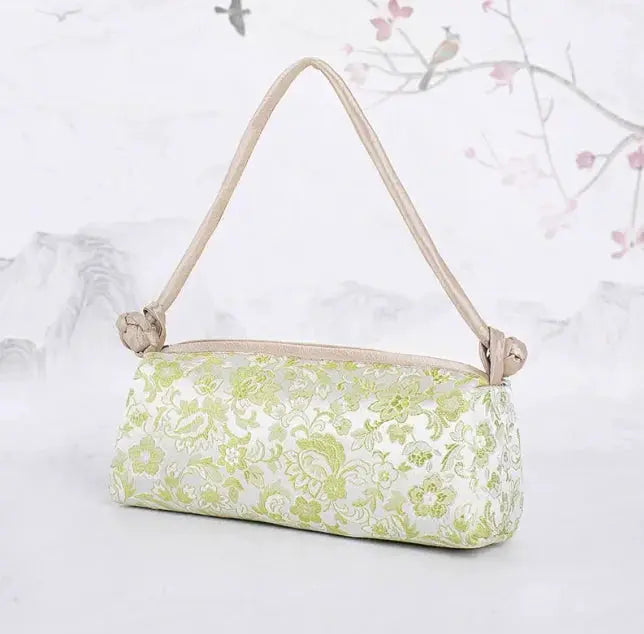 Simples Market shoulder bag for women, embroidered silk floral pattern in light green on ivory with beige strap